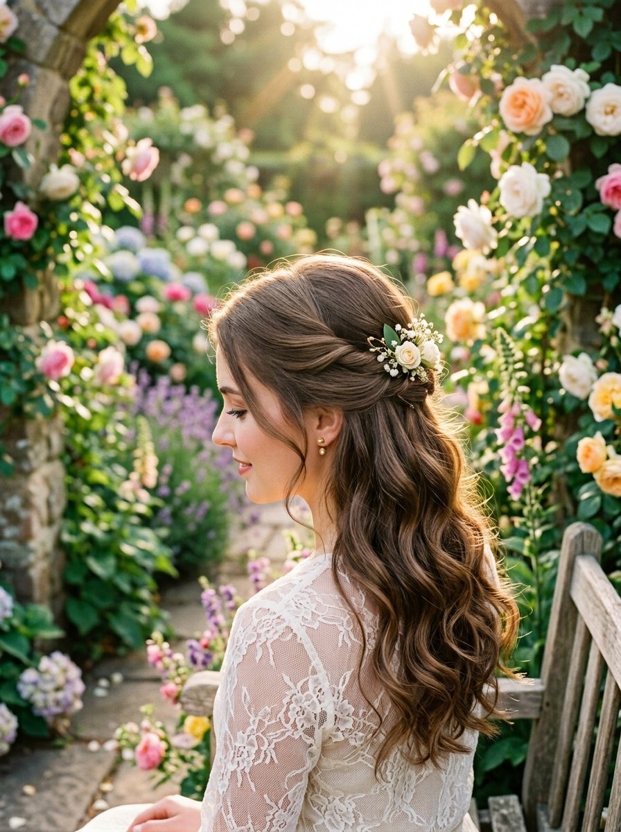 Profile view of a woman with braided wavy hair adorned with small white flowers in a sunny rose garden.