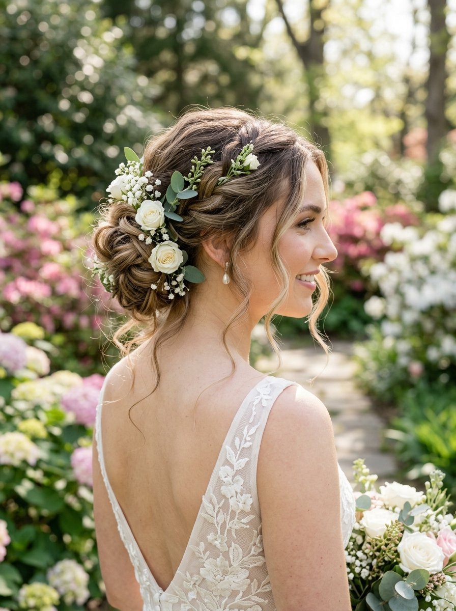 Close-up of a bride wearing a white lace dress with a braided bun decorated with fresh roses and baby's breath.