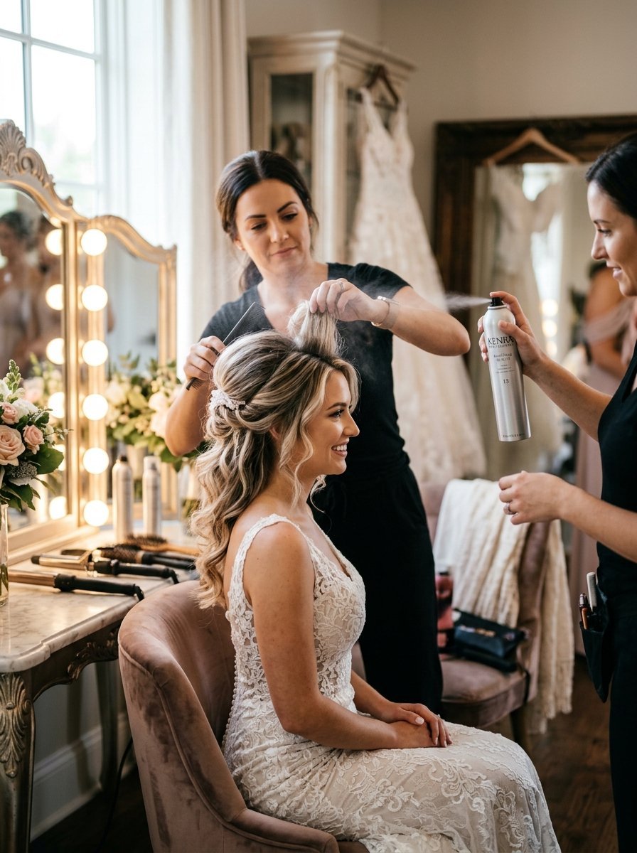 Professional stylist sprays hairspray on a bride in a lace gown as she sits in a velvet chair.