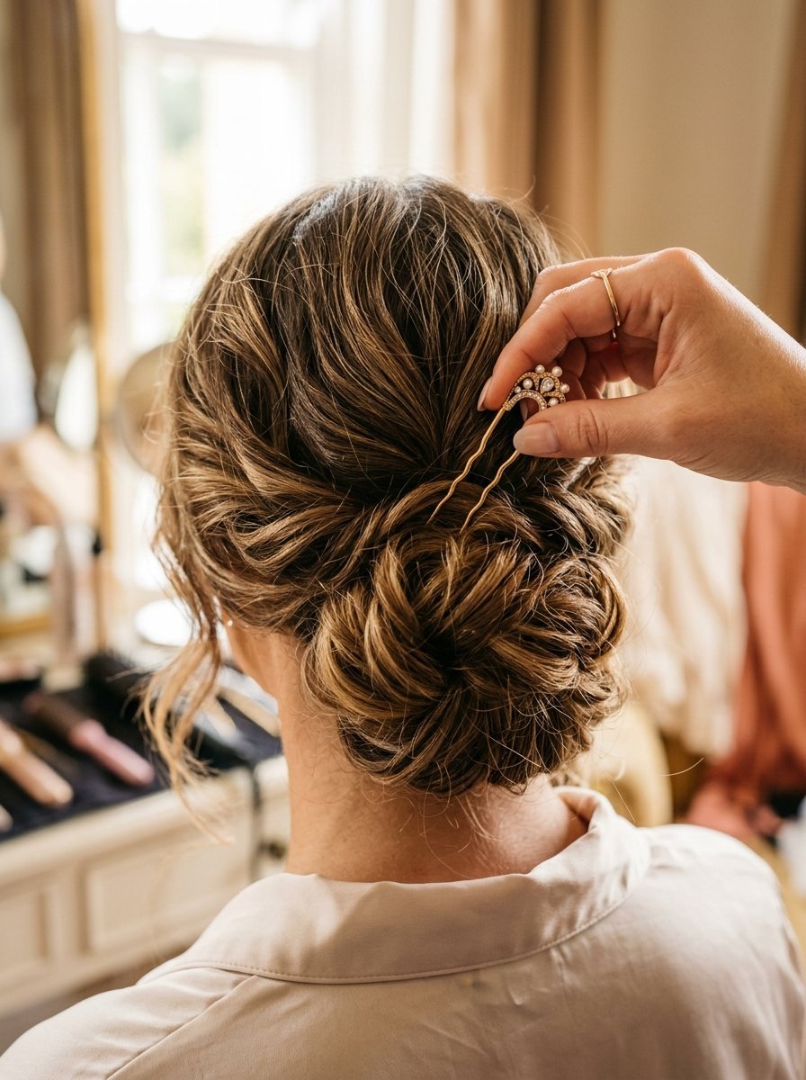 Close up of a woman's brown hair in a messy bun as a hand inserts an ornate gold and pearl hair pin.
