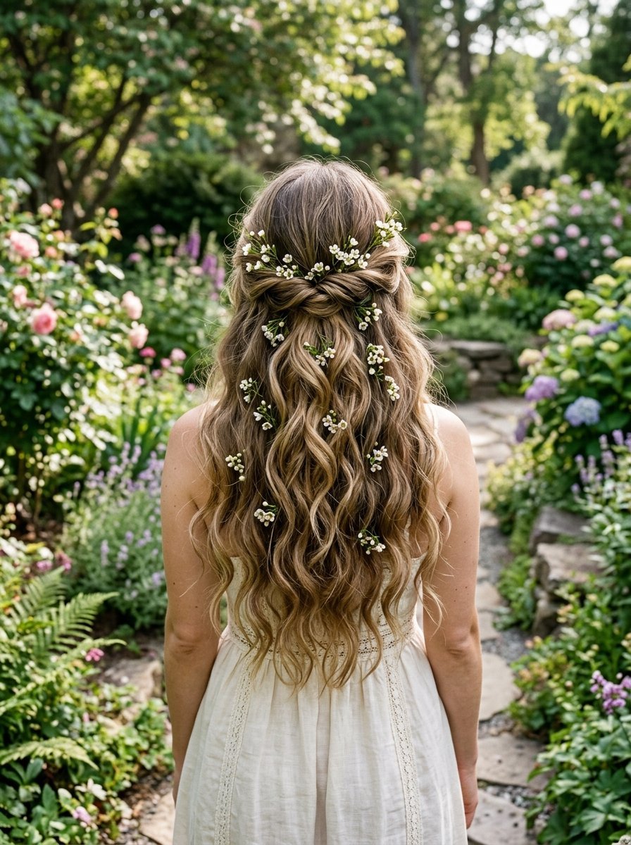 Back view of a woman with braided half-up wavy blonde hair decorated with tiny white blossoms in a lush garden.