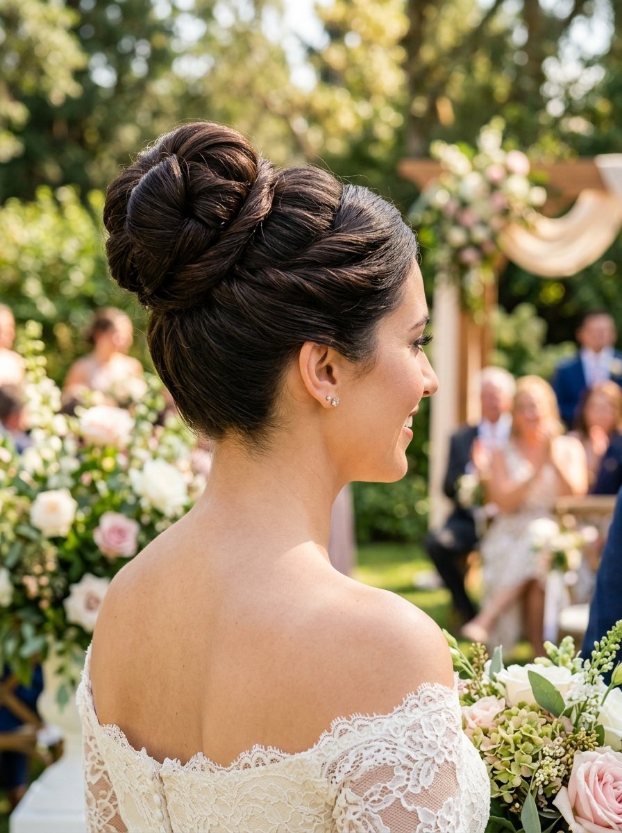 Close up of a bride from behind showing her elaborate braided bun hairstyle and lace wedding dress at an outdoor ceremony.