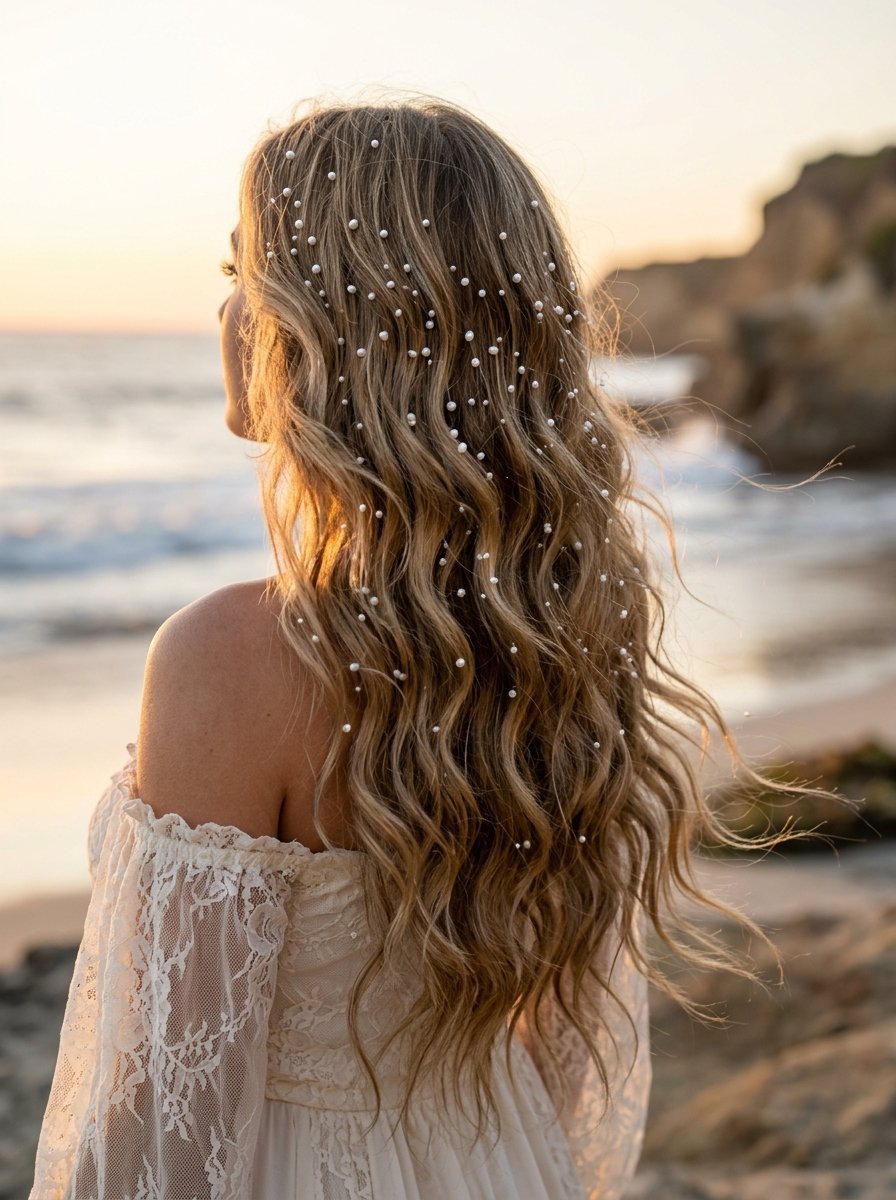 Back view of a woman wearing a white lace dress with pearl-accented wavy blonde hair on a beach.