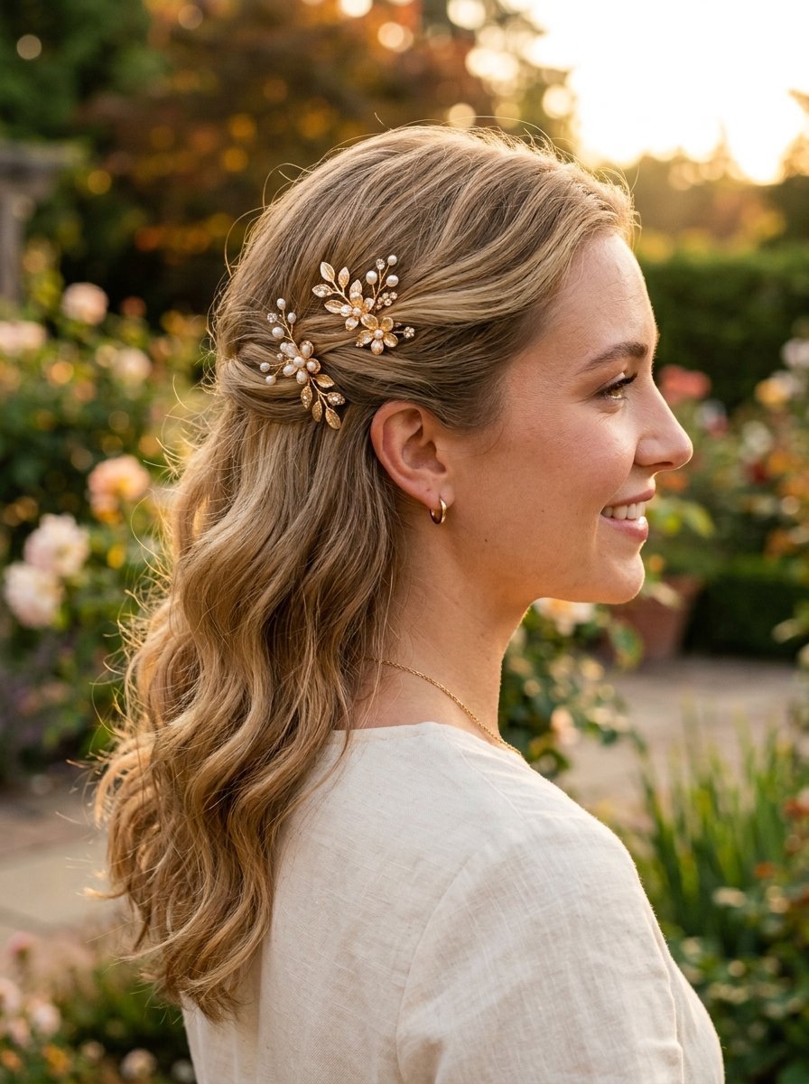 Profile view of a woman with long blonde hair featuring two intricate gold hair clips with leaves, flowers, and pearls.