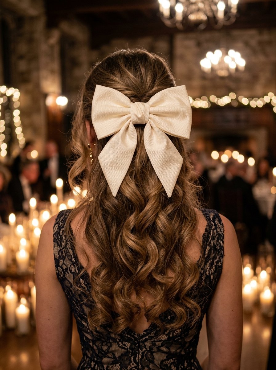 Back view of a woman with curly brown hair wearing a large beige fabric bow in a candlelit venue.