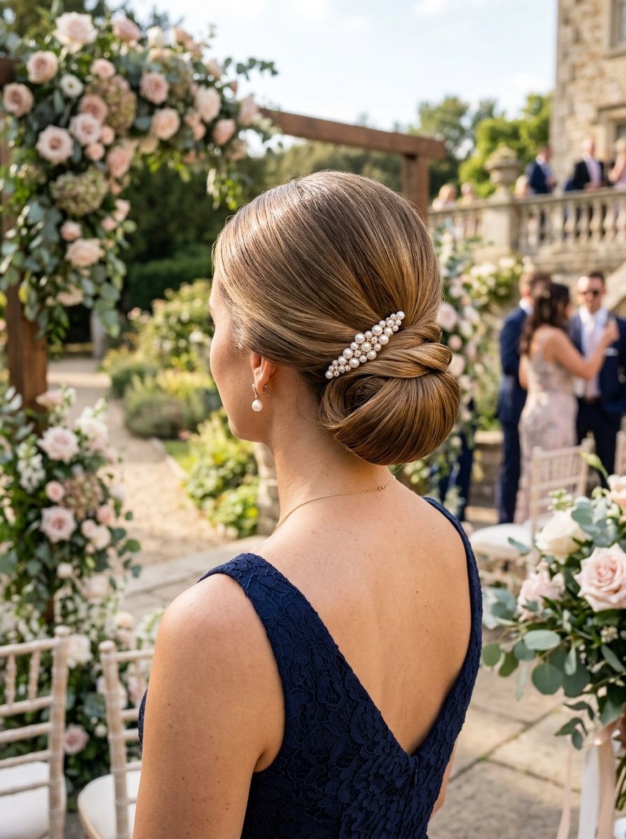 Close-up back view of a woman with a sleek blonde low bun wearing a decorative pearl hair clip at a garden wedding.