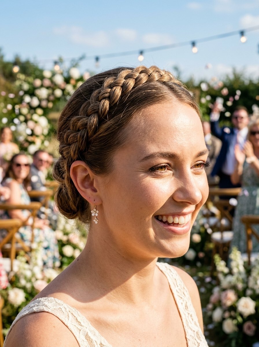 Close up of a smiling bride with a braided headband hairstyle and small flower-shaped earrings at an outdoor ceremony.