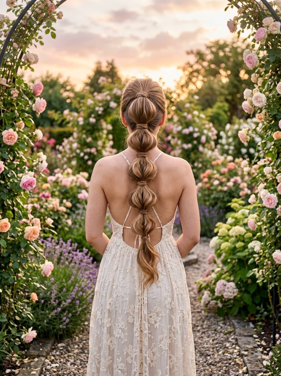 Back view of a woman with a trendy bubble braid hairstyle standing between rose bushes at sunset.