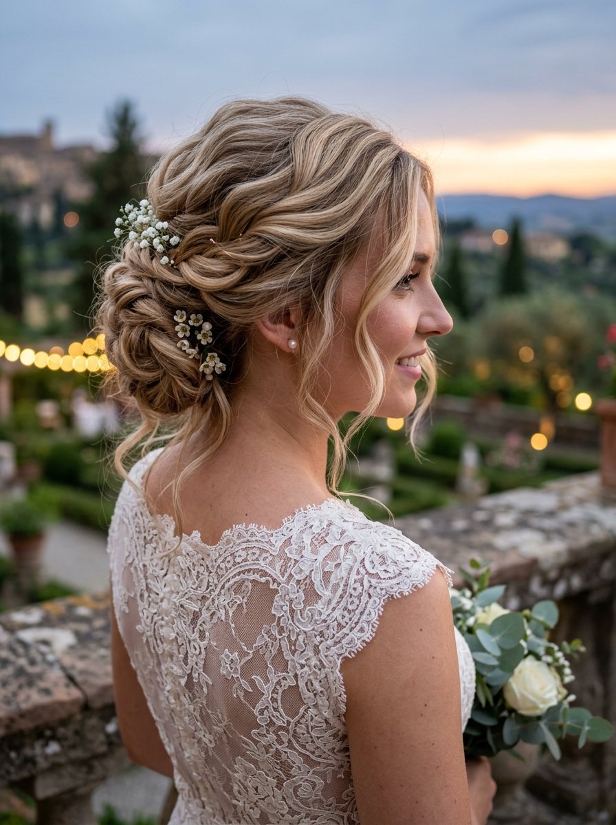 Profile view of a bride with a curly updo hairstyle decorated with small white flowers at a Tuscan sunset wedding.