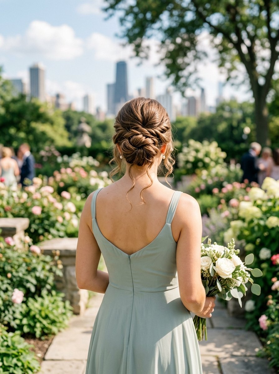 Back view of a woman in a sage green dress and sophisticated hairstyle standing in a blooming garden.