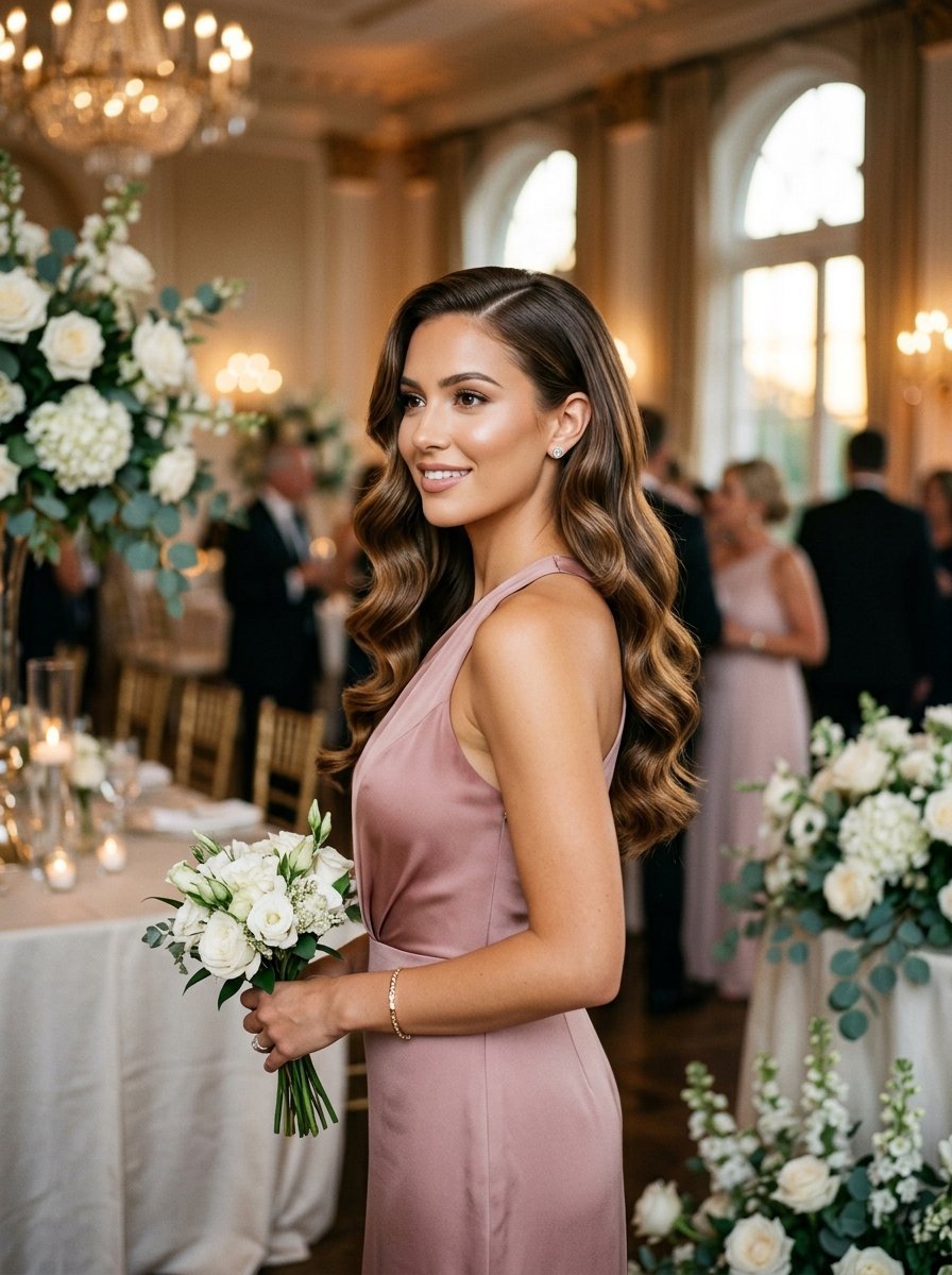 A woman with wavy brown hair wearing a pink satin dress holds a bouquet of white flowers at a wedding celebration.