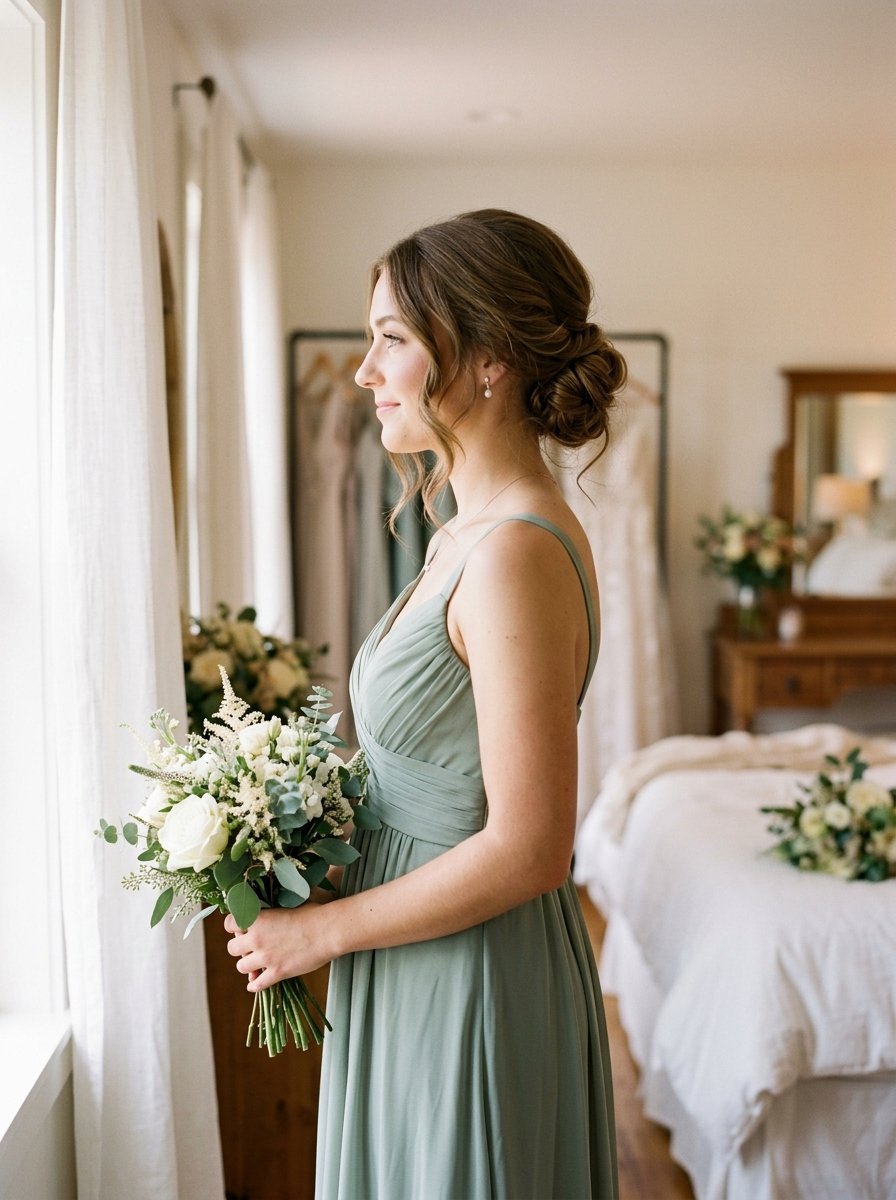 Side view of a woman with an elegant updo looking out a window while holding a white flower bouquet.