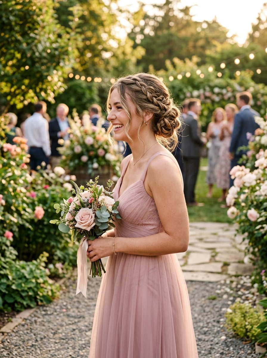 Young woman in a dusty rose chiffon dress laughing during a sunny outdoor garden wedding celebration.
