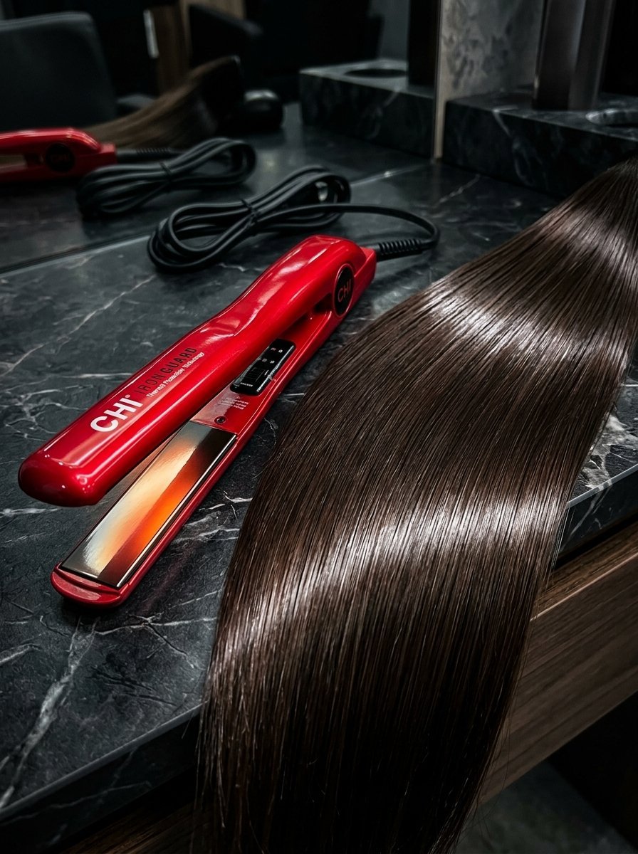 A glossy red CHI hair straightener rests on a dark marble counter next to a section of sleek, straight brown hair.