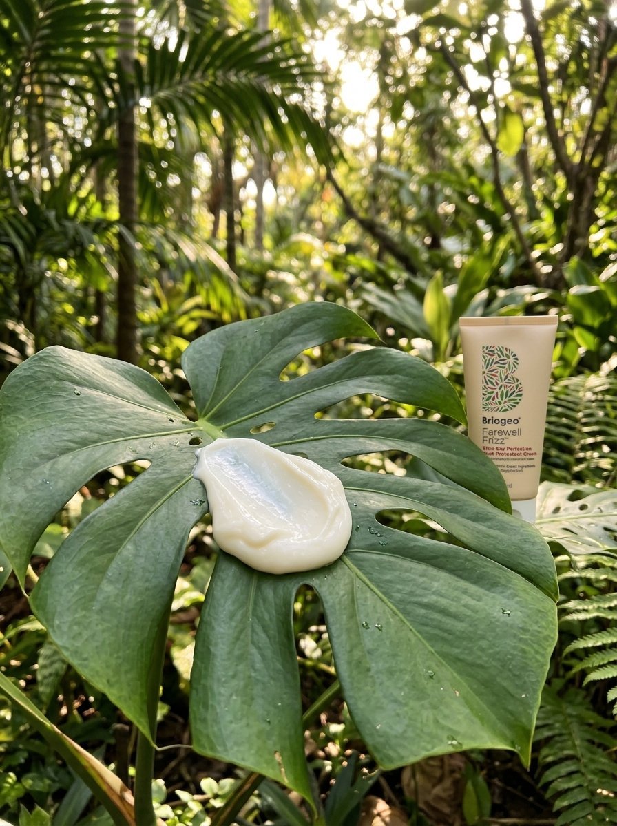 A beige tube of Briogeo hair styling cream next to a large green leaf with a dab of white product on top.