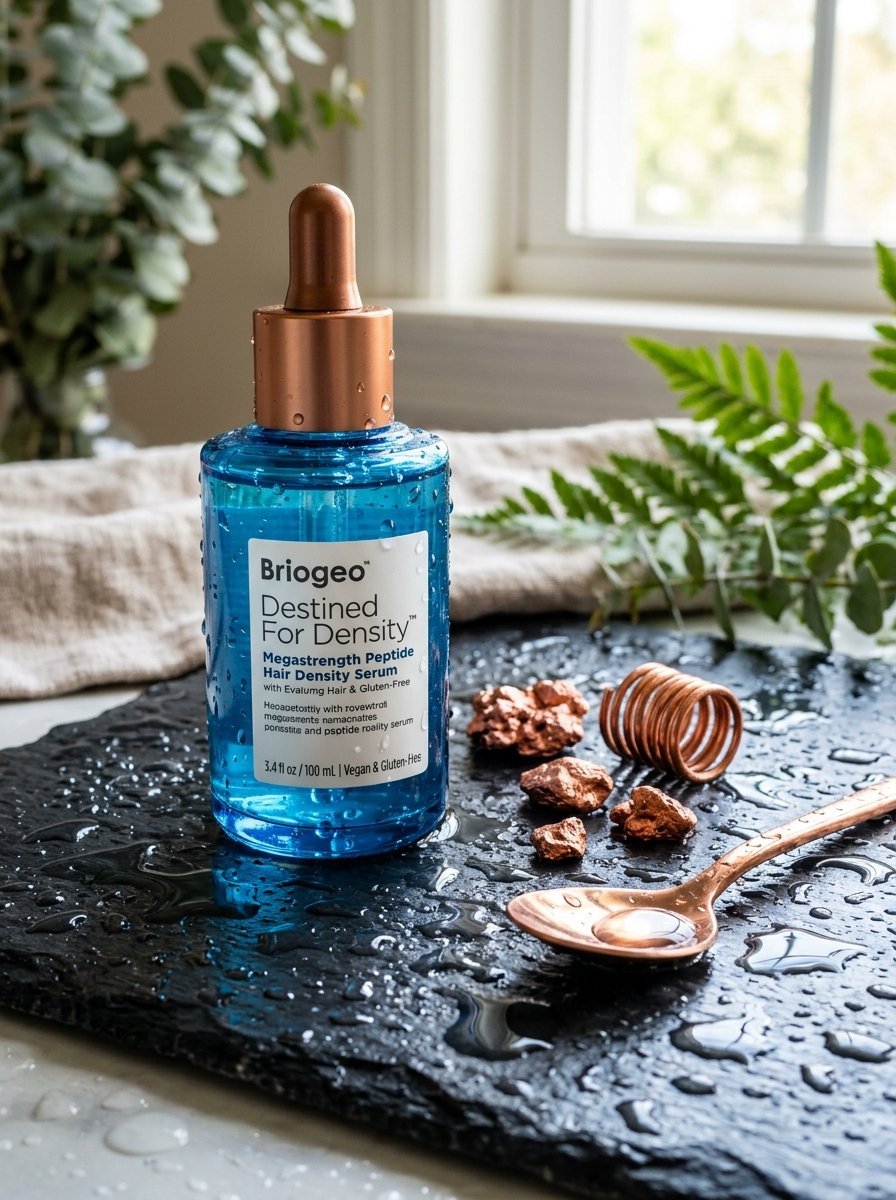 A blue glass bottle of Briogeo hair serum sitting on a wet black slate board with a copper spoon and raw ore.