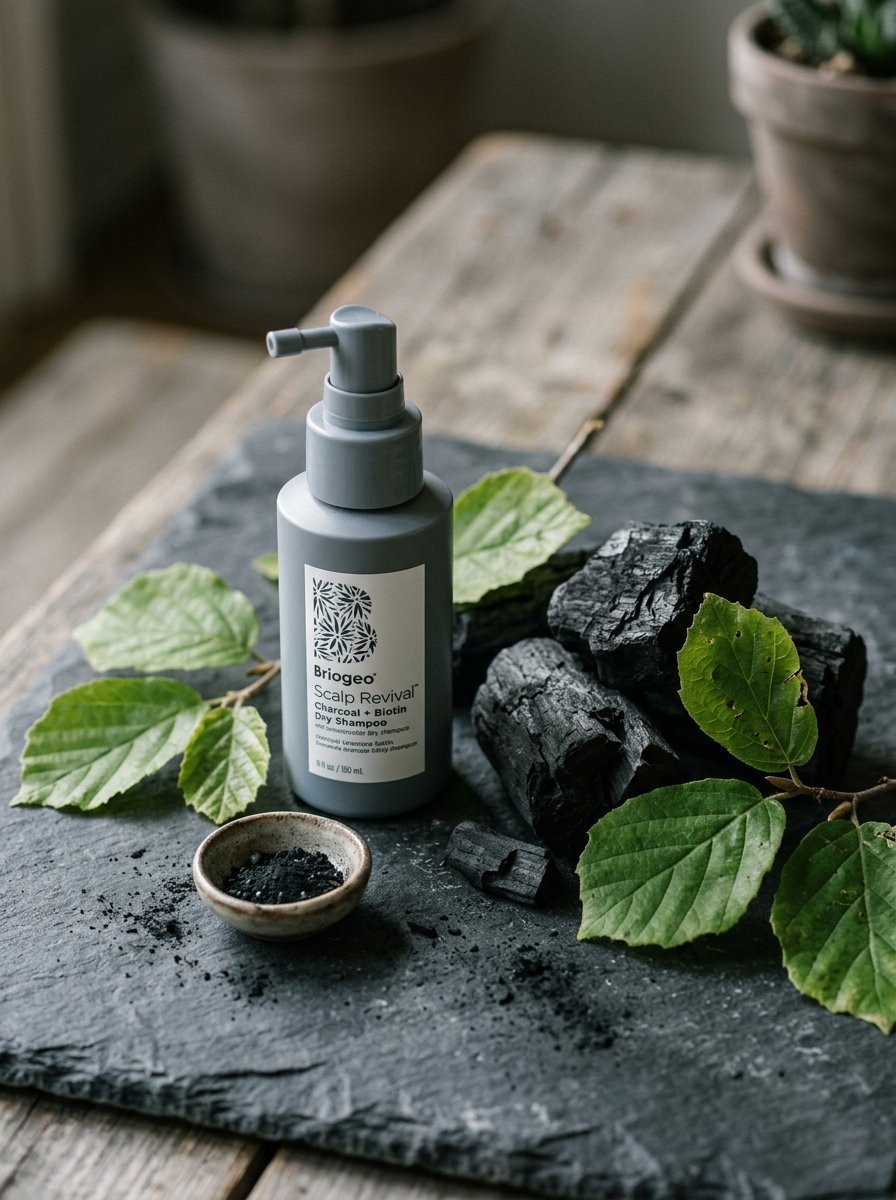 Briogeo dry shampoo bottle surrounded by green leaves and raw charcoal chunks on a dark stone tile.
