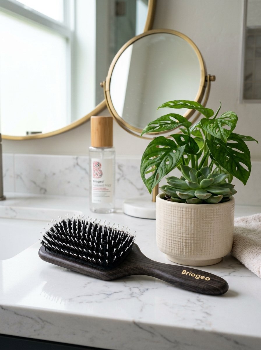 Briogeo paddle brush next to a potted plant and bottle on a white marble sink.