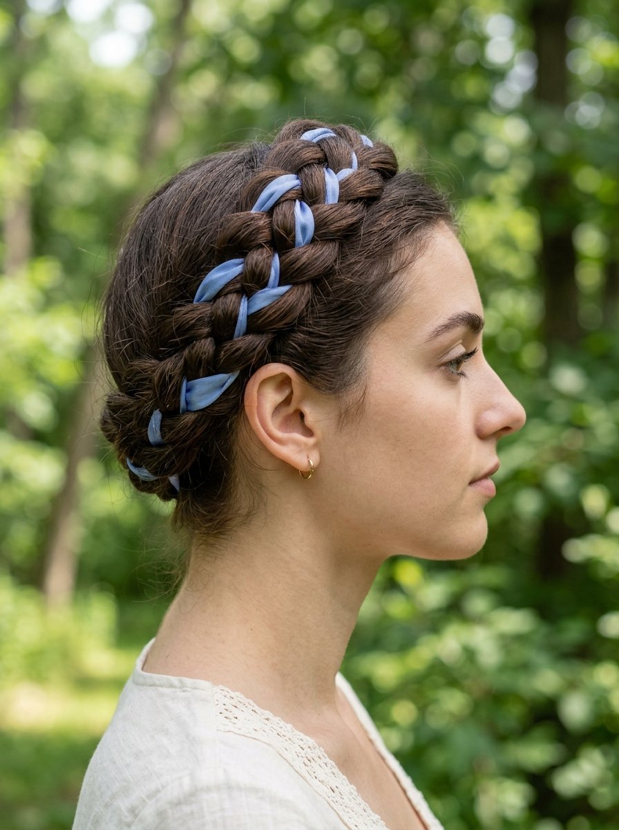 Side profile of a woman with brunette hair in a thick braided updo featuring intertwined sky blue fabric.