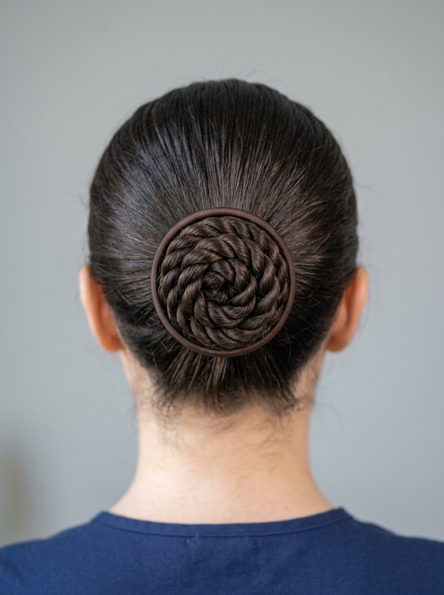 Back view of a person wearing a circular, twisted brown braided hair bun against a plain grey background.