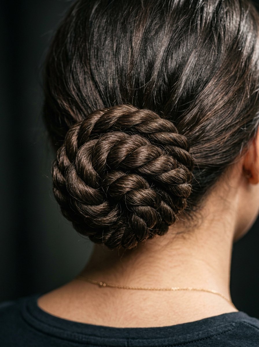 Close-up back view of a woman with long dark brown hair styled into a neat, intricate braided bun.