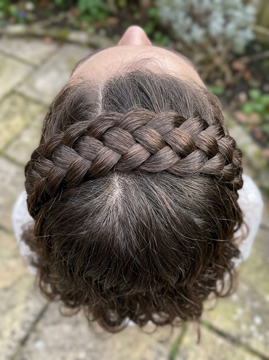 Top-down view of a person with brown hair styled in a neat crown braid over the head.