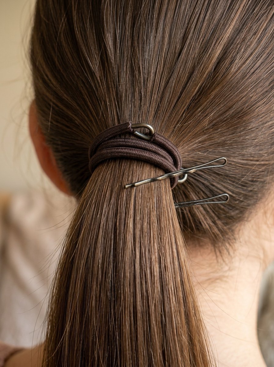Close up of a ponytail secured with a brown elastic band and two metal hair pins.