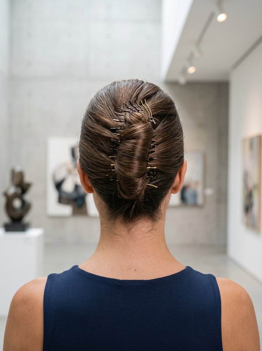 Back view of a woman with brown hair styled in an updo secured by multiple thin black and gold hairpins.