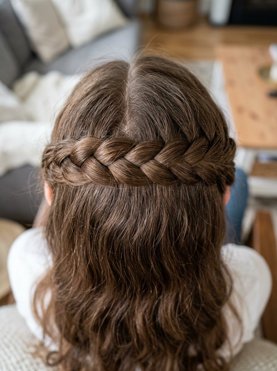Close-up back view of a person with brown hair styled in a horizontal crown braid.