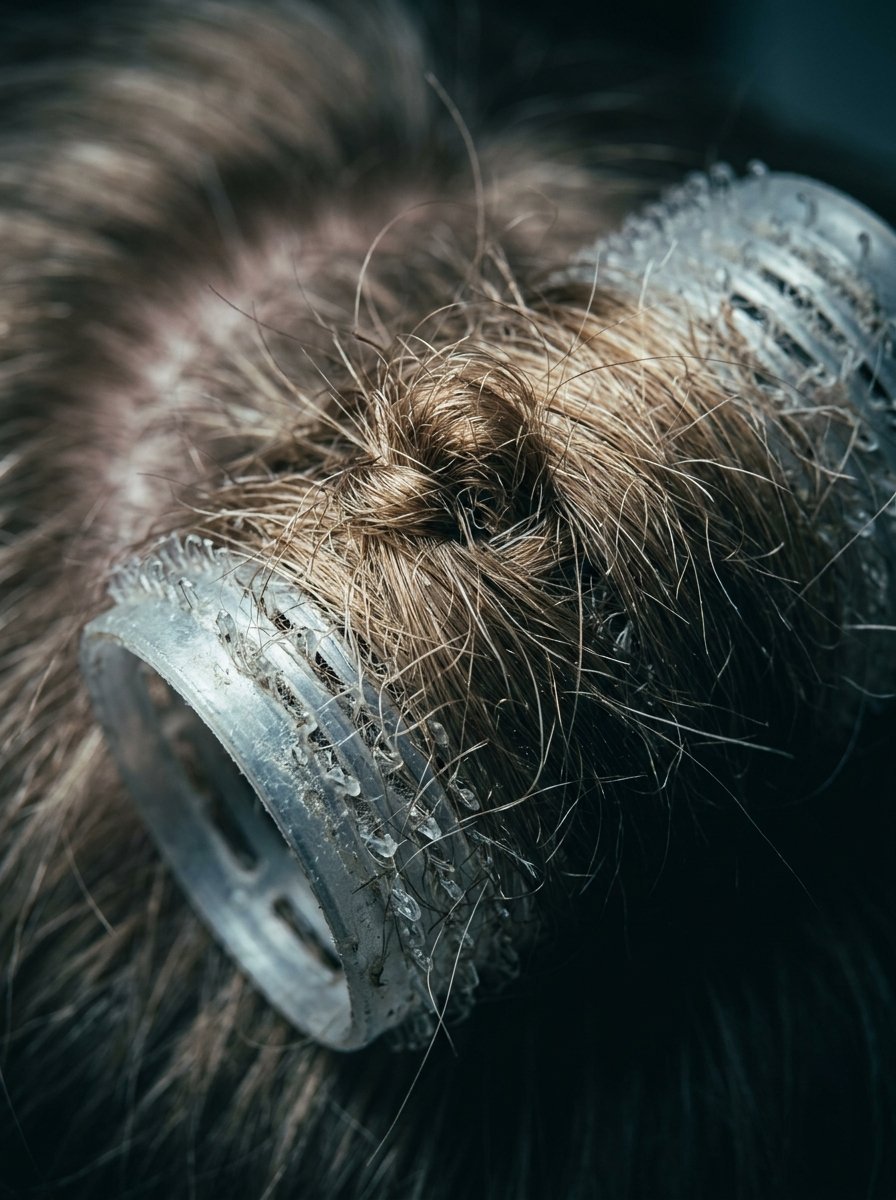 Close-up of light brown hair wrapped around a clear, textured hair curler.