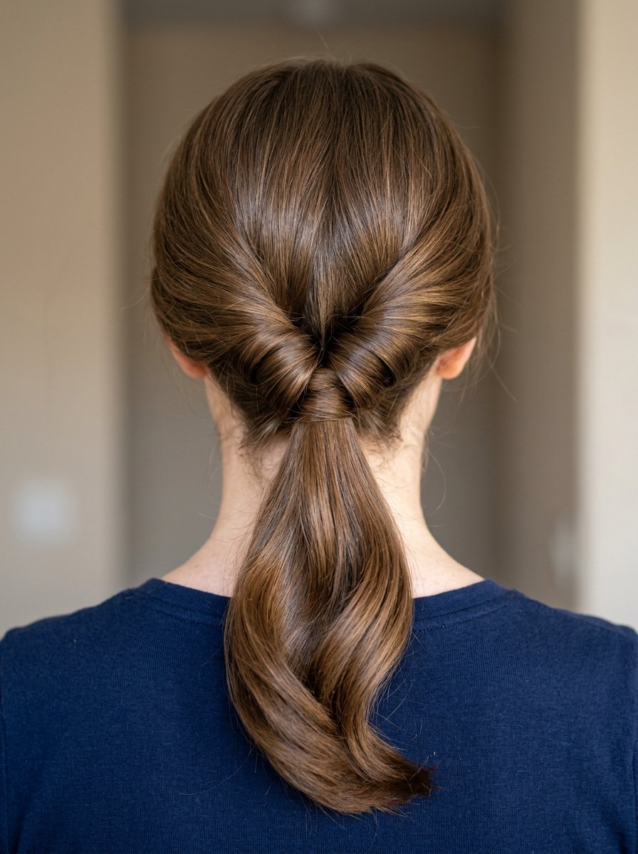 Back view of a woman with brunette hair styled into a low ponytail featuring a twisted knot at the base.