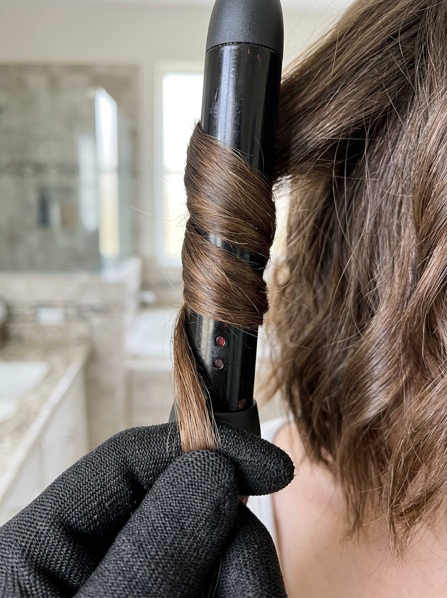 Close-up of a gloved hand wrapping a strand of brown hair around a heated black curling wand.