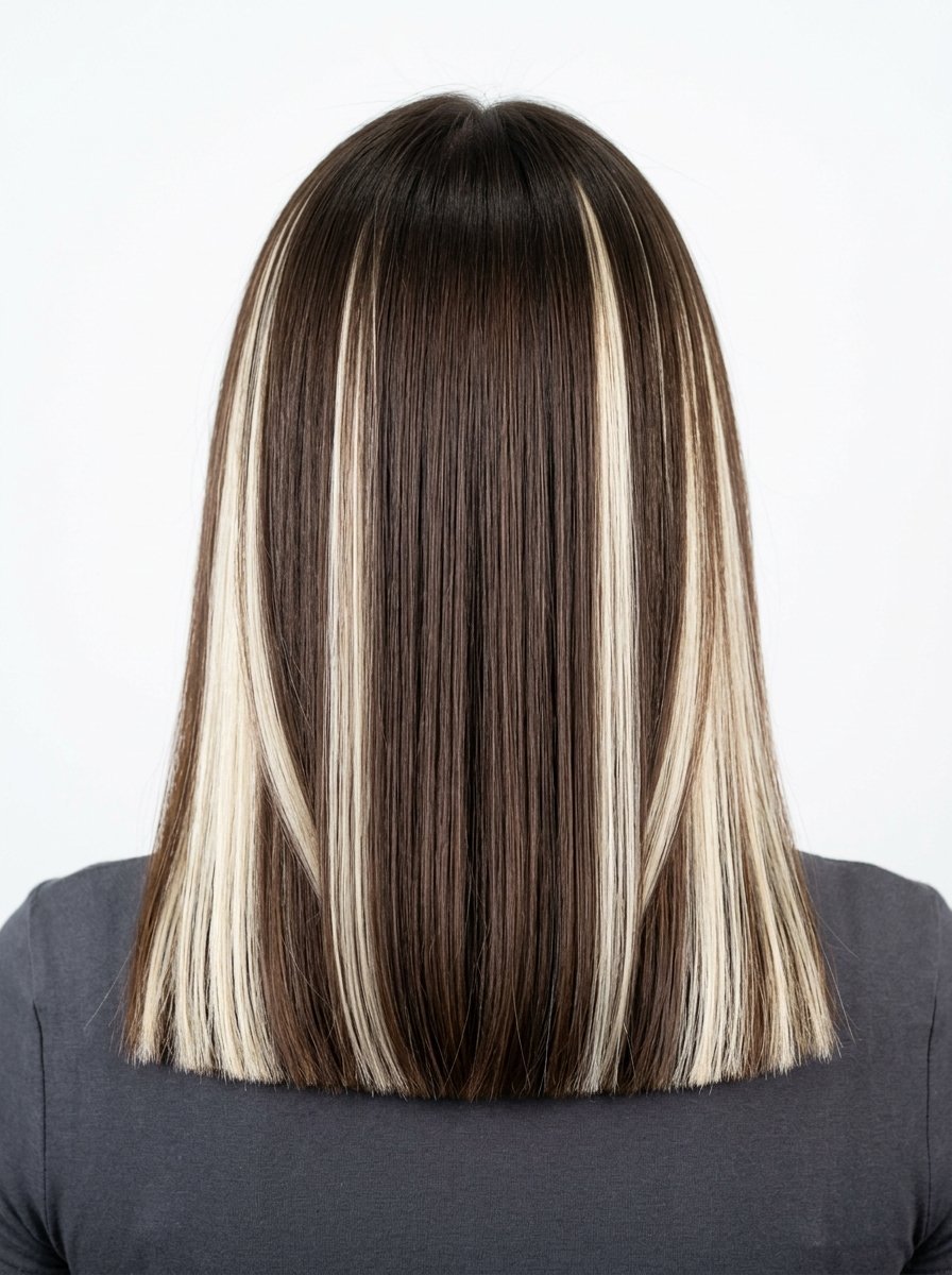 Back view of a person with shoulder length straight dark brown hair containing thick vertical blonde streaks.