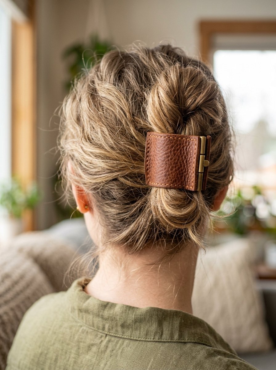Close up rear view of a textured brown leather clip securing a casual blonde hair bun.