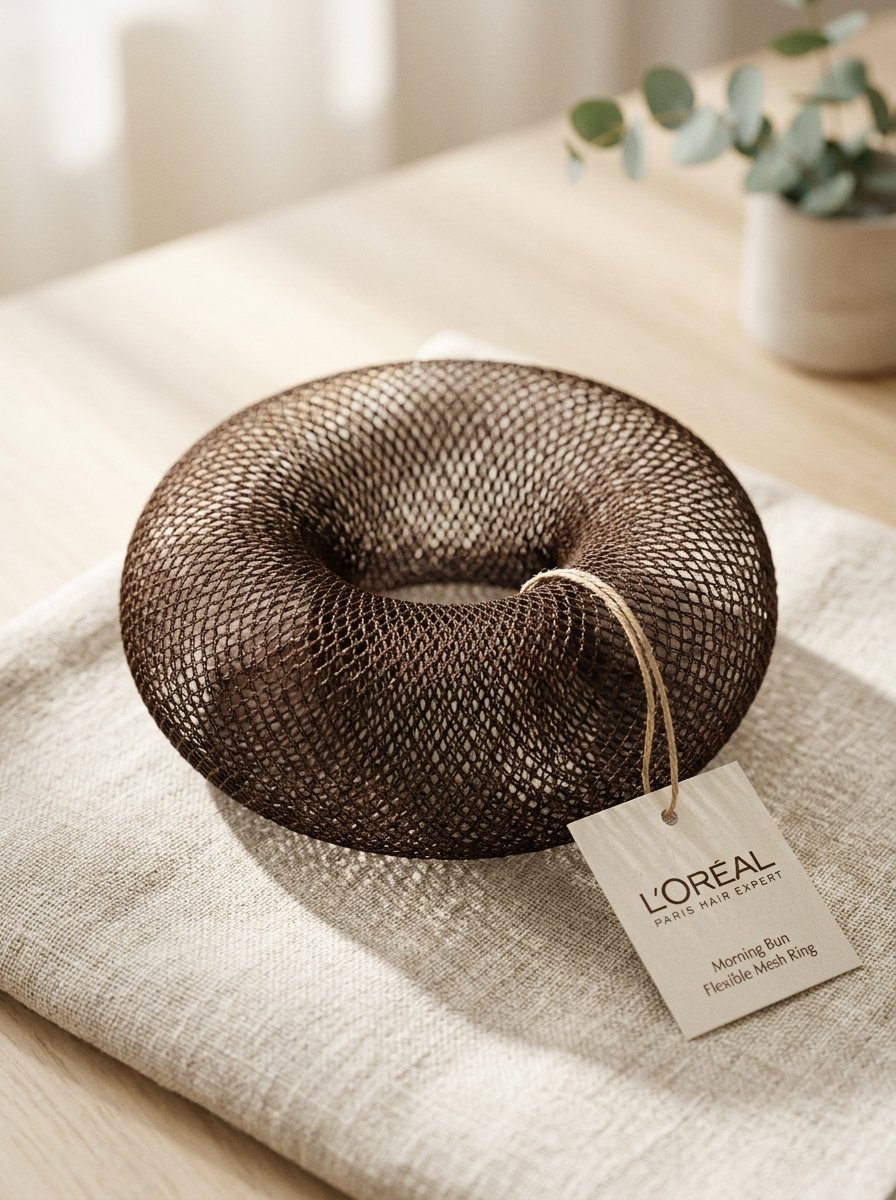 A dark brown mesh hair donut accessory with a brand tag resting on a beige linen cloth.