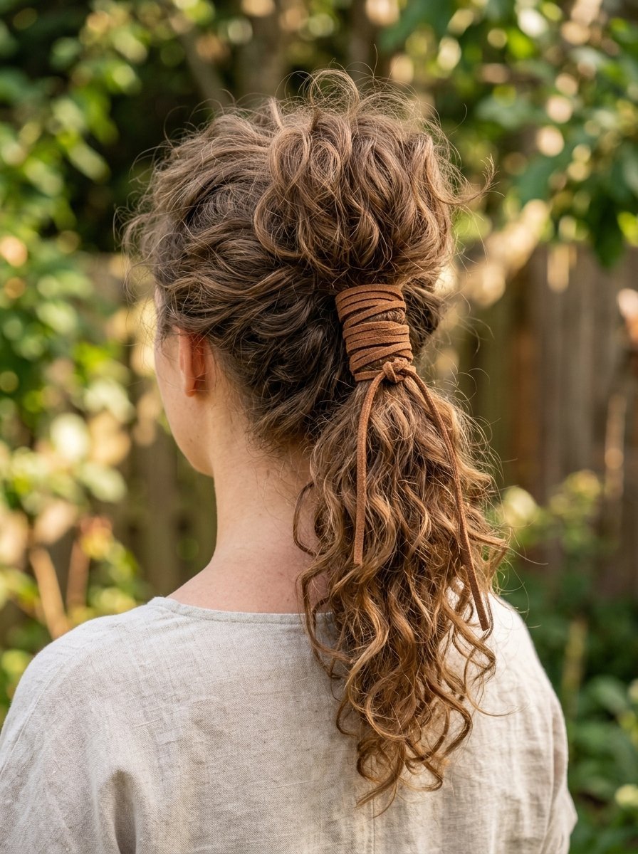 Rear view of a person with wavy hair held in a ponytail by a wrapped leather strip.