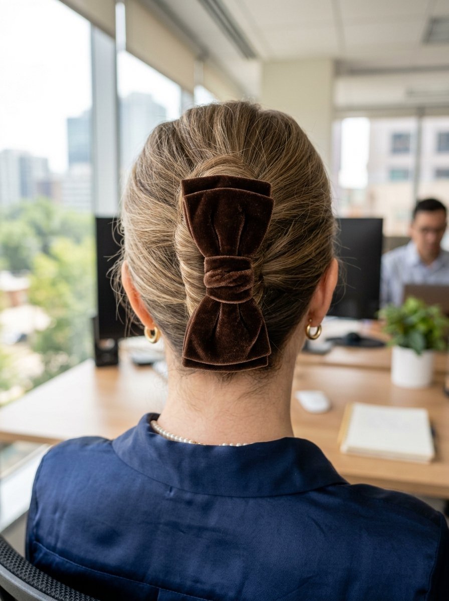 Back view of a woman with her hair pulled back into a ponytail secured with a brown velvet ribbon bow accessory.