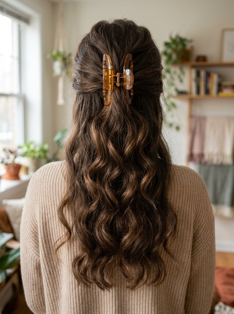 Back view of a woman wearing a beige sweater with her hair pinned in a half-up style using an amber plastic clip.
