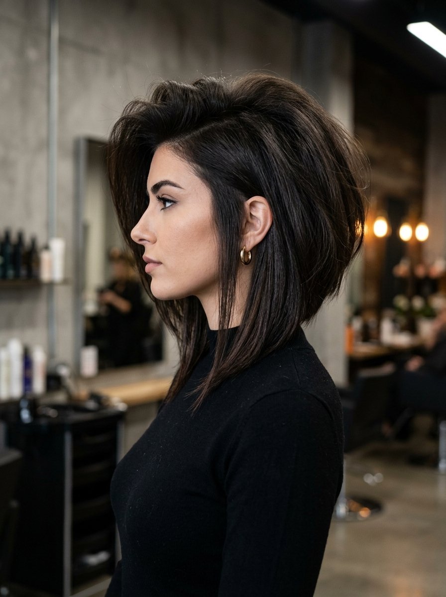 A woman with short dark hair in a chic asymmetrical cut posing inside a professional salon.