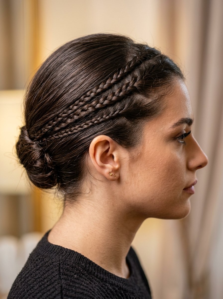 Close up side profile of a woman with dark brown hair styled in a chic low bun with two headbands of braids.