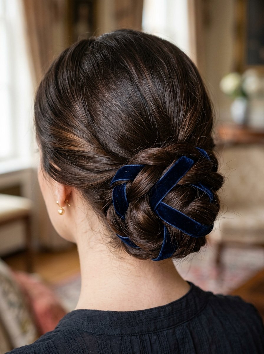 A woman's dark hair styled in a low braided bun interwoven with a deep blue velvet ribbon.