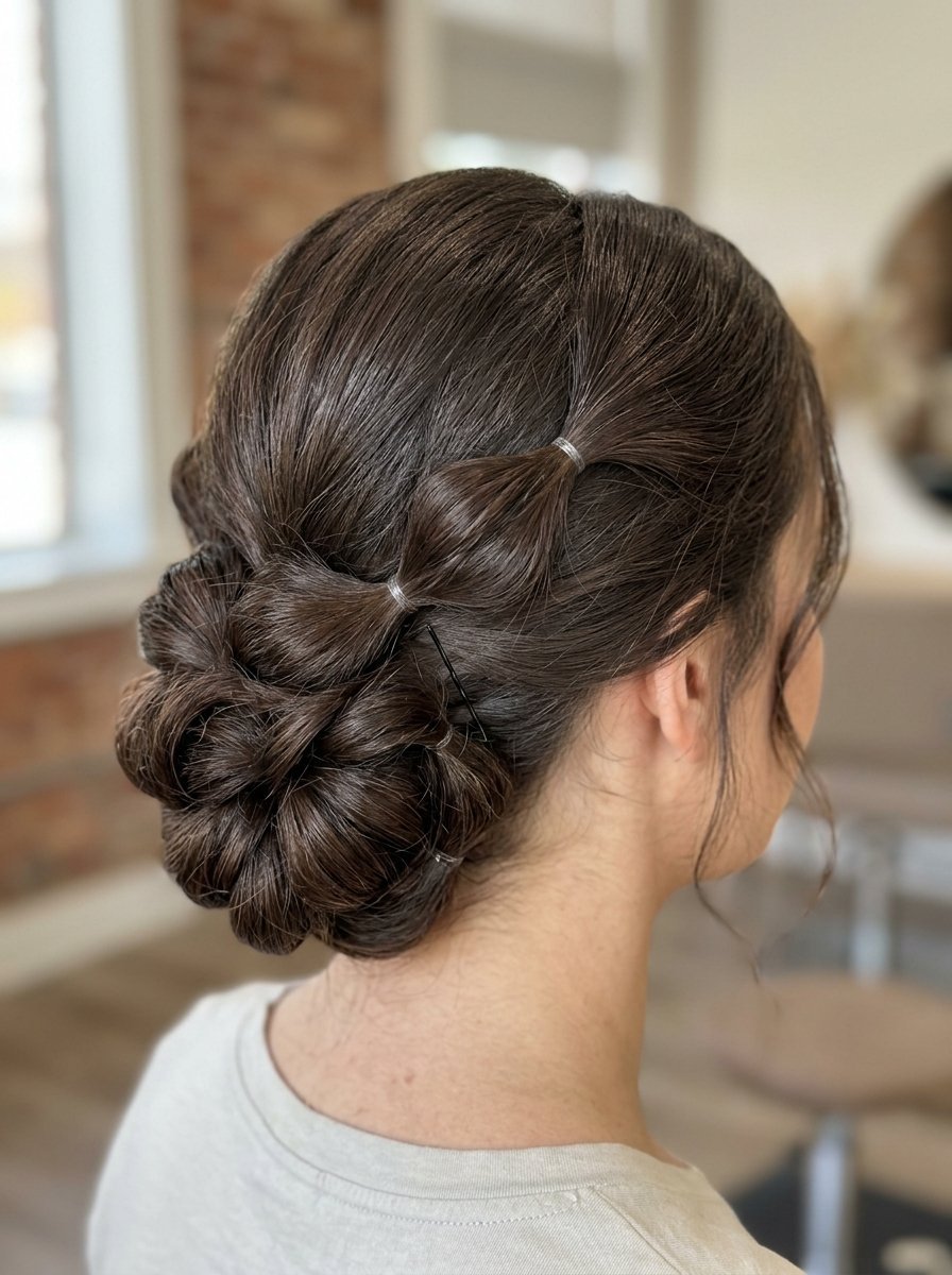 Close up of brunette hair styled into an intricate low bun with small clear elastic hair ties.