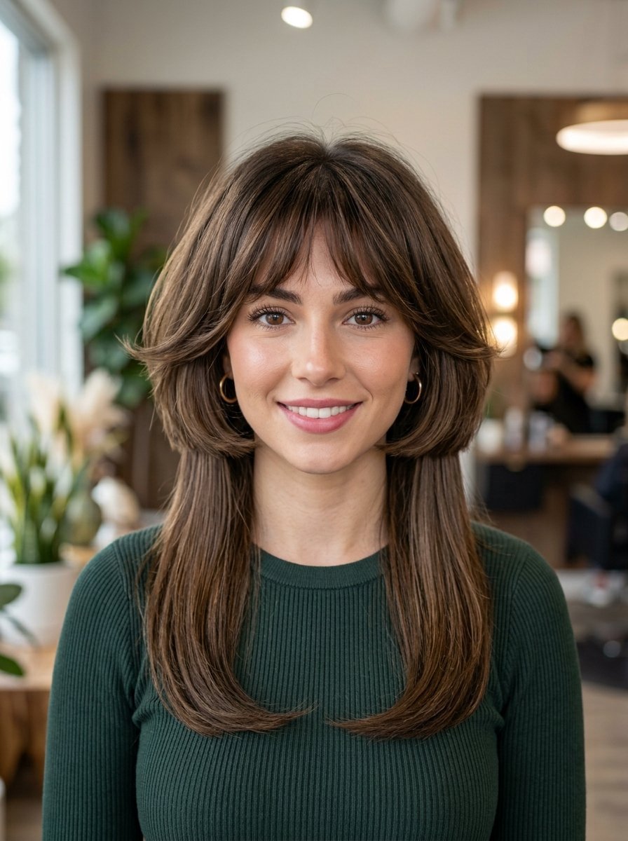 A smiling young woman with long layered brown hair and fringe bangs wearing a green ribbed shirt.