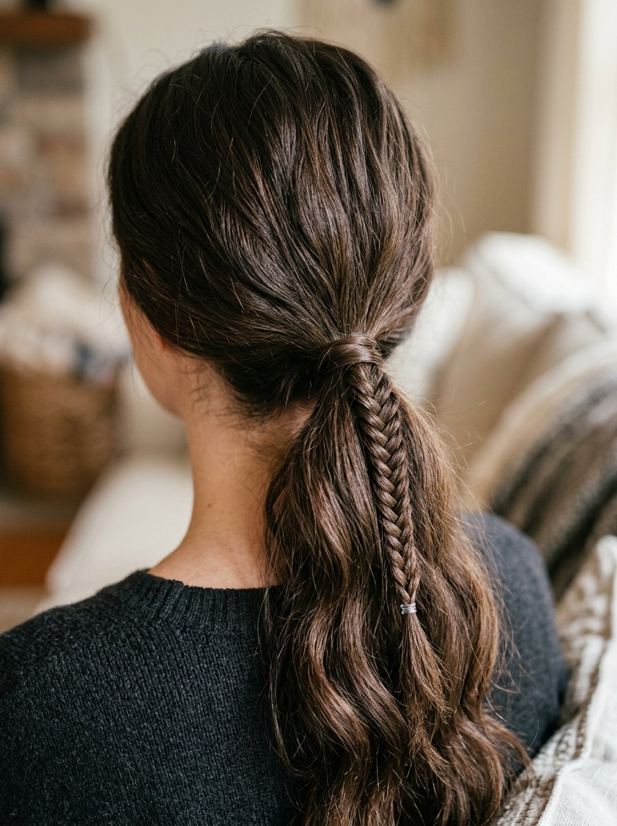 Back of a woman's head showing a low ponytail styled with a slim fishtail braid wrapped in wavy brown hair.
