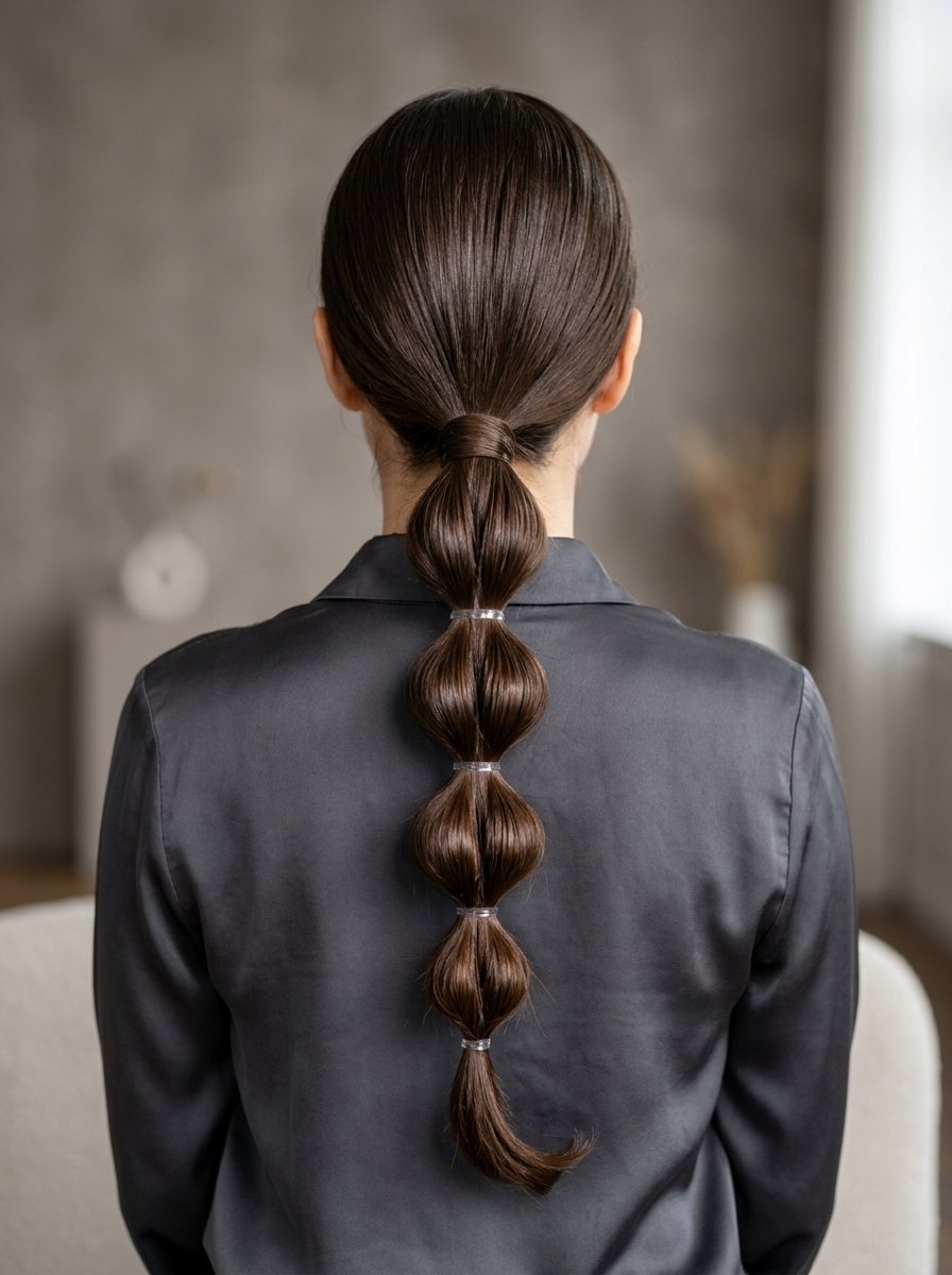 Woman with long dark brown hair styled in a chic bubble ponytail with clear elastics.