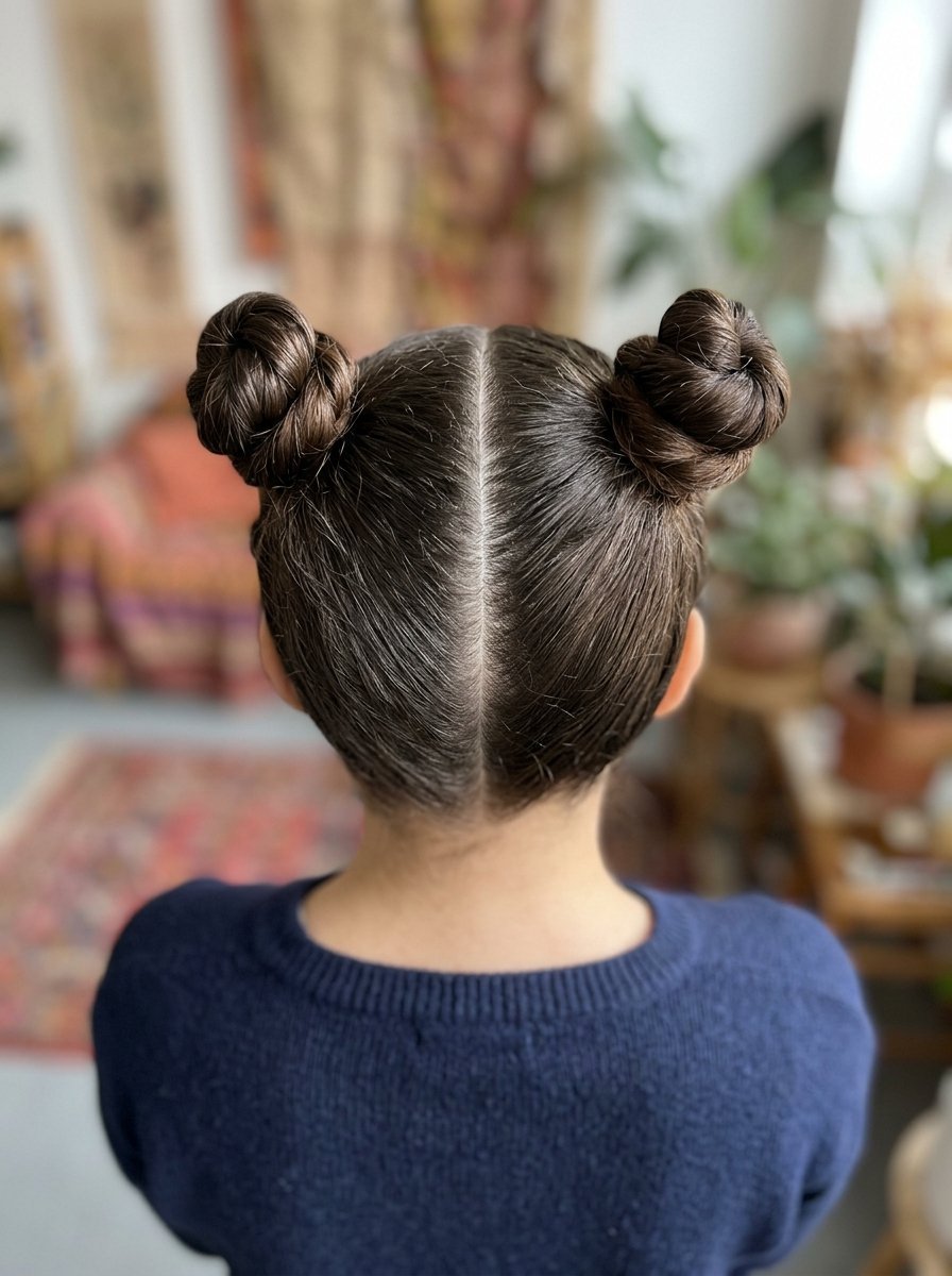 Close up of a person's head featuring a center part and two symmetrical coiled hair buns.