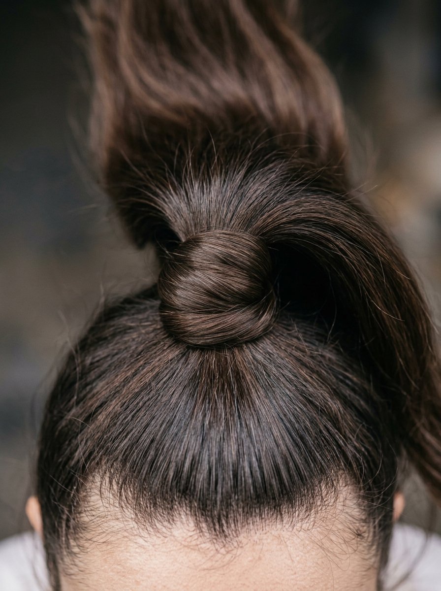 Top view of a person with brown hair styled in a tight high ponytail bun