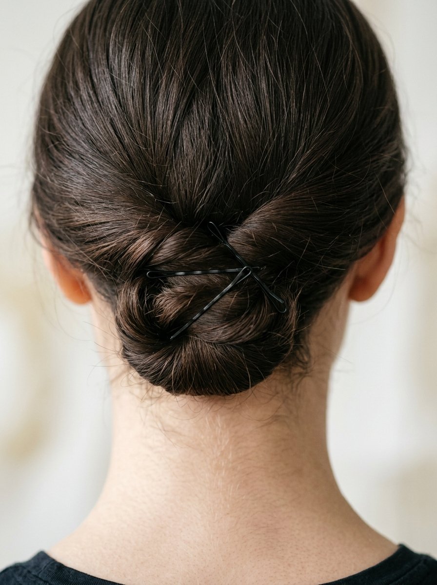 Back view of a woman with dark brown hair styled in a low bun pinned with two crossing bobby pins.