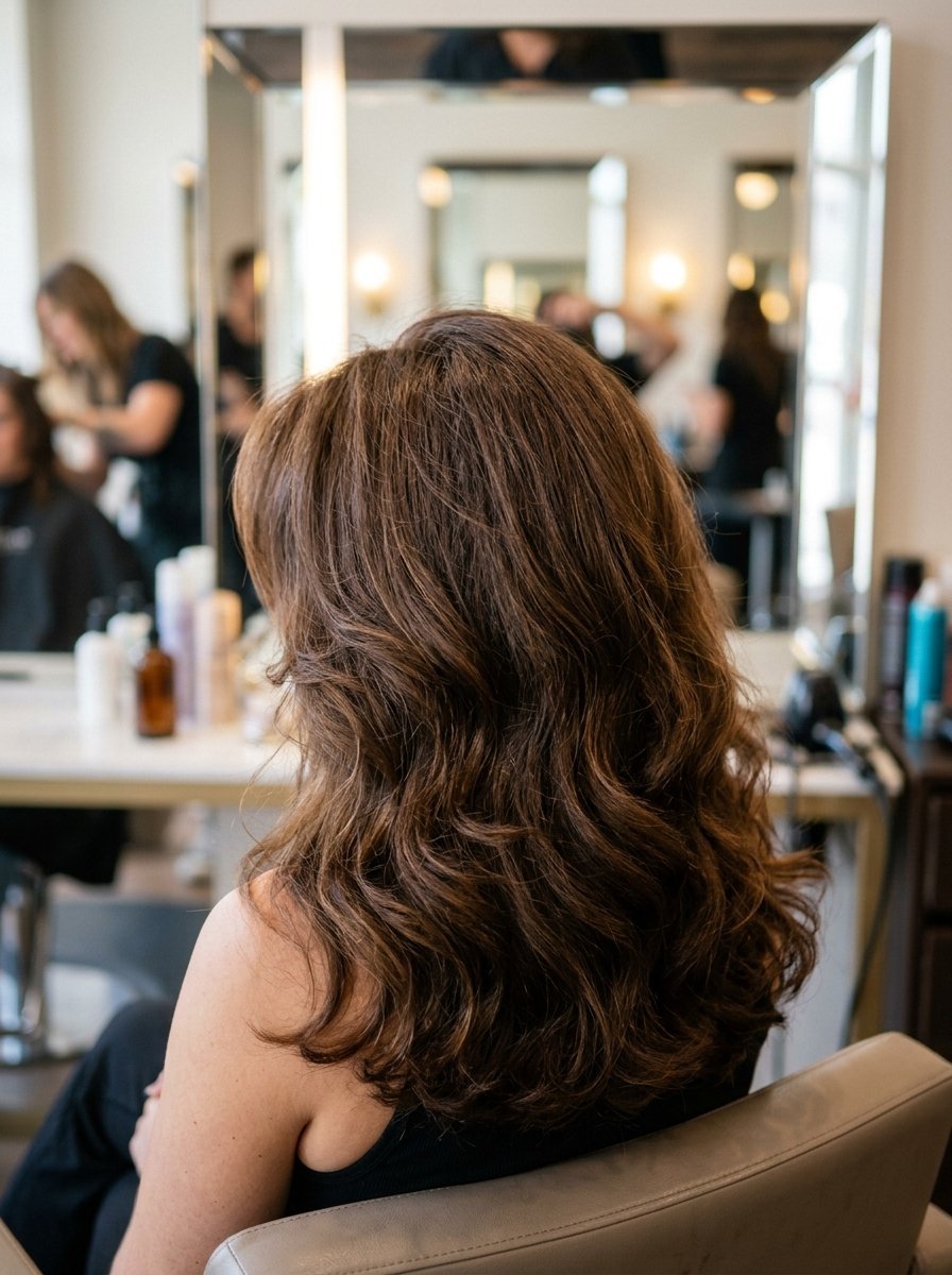 Back view of a woman with long wavy brown hair sitting in a beauty salon chair looking at a mirror.