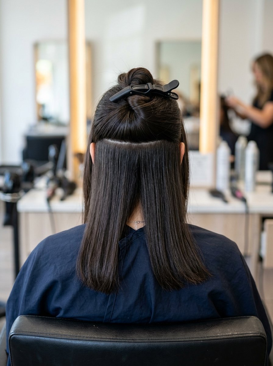 A woman with brown hair partially clipped up while getting a hair treatment in a salon chair.